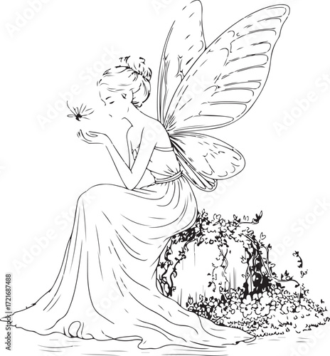 Black and white line drawing of a fairy with butterfly wings sitting on a floral mound holding a butterfly