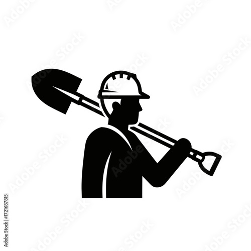 A silhouetted construction worker holding a shovel over his shoulder, ready for work.