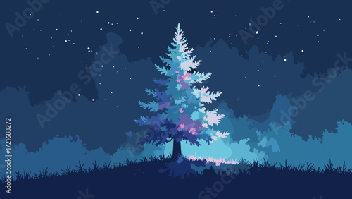 Holographic tree silhouette — simplified pine rendered in prism film with subtle animation hint, dark navy field