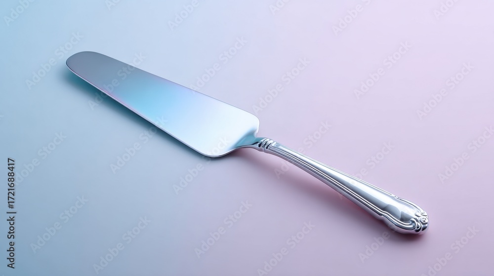 Fototapeta premium Elegant silver cake server with reflective surface dining table product photography modern kitchen close-up culinary art