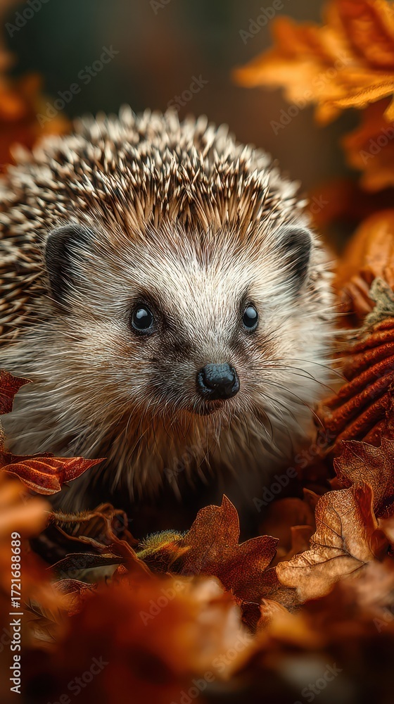 Fototapeta premium Cute hedgehog nestled among vibrant autumn leaves in a forest setting during late afternoon sunlight