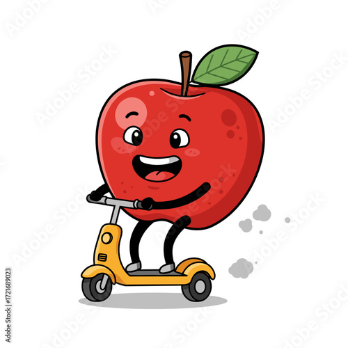 Cheerful apple character riding scooter for fruit delivery services and healthy eating campaigns