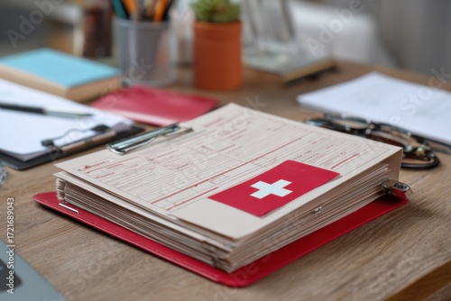 Neatly organized emergency documents folder with labels, passport, insurance, contact list on desk