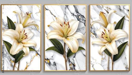 Three framed lily paintings on marble