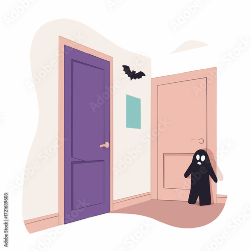Cartoon spooky scene with a bat and ghost near doors at home  