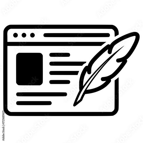 Digital writing icon featuring a web page and a quill pen symbolizing content creation