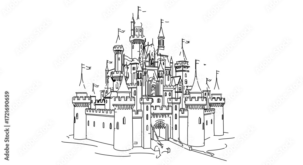 Fototapeta premium Detailed line art of a fantasy castle, featuring towers, flags, and intricate details