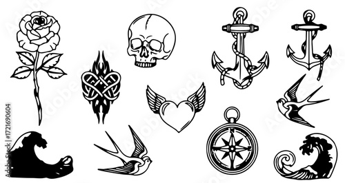 Collection of nautical tattoo flash, featuring classic sailor and sea themed designs