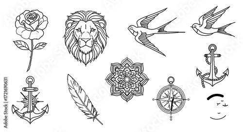 Collection of vintage tattoo elements, perfect for tattoo design and graphic projects