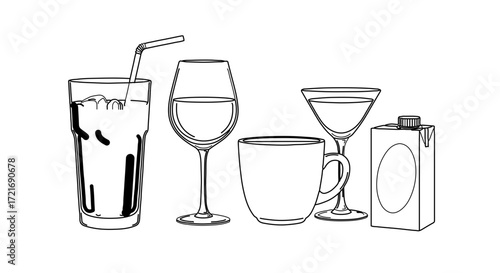 Line art illustration of various beverages, including a glass of iced drink