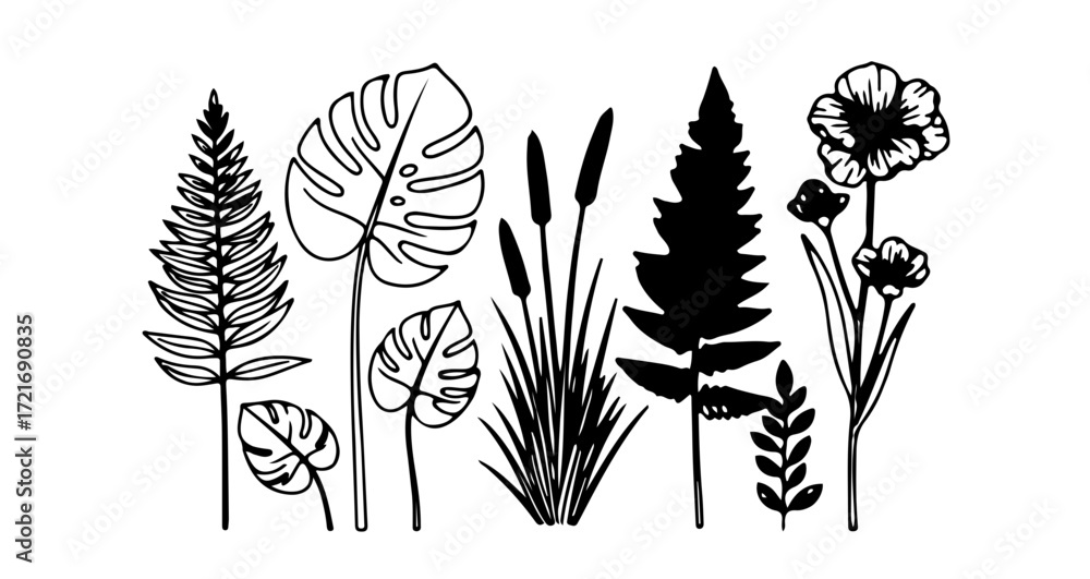 Fototapeta premium Botanical outline, a collection of plants and flowers for naturethemed designs