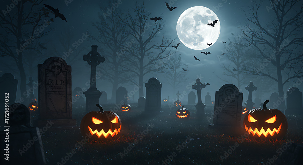 Fototapeta premium Ultra-realistic Halloween scenes with pumpkins, haunted houses, trick-or-treat, spooky graveyards, witches, skeletons, black cats, candy, costumes, carnival horror, autumn vibes, fog, full moon, festi