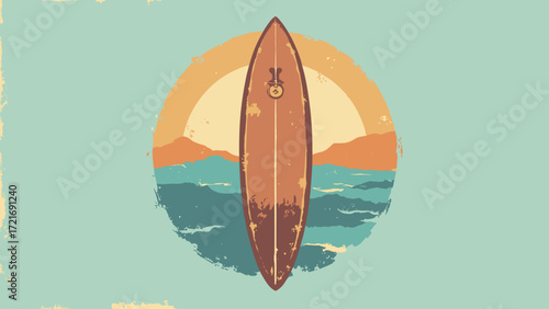 Retro surf badge — woodfin board with sunburst and stamped logo badge, sand & retro teal