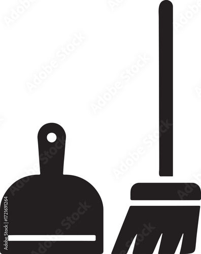 Silhouette dustpan with broom icon representing cleaning, hygiene, maintenance, and chores.