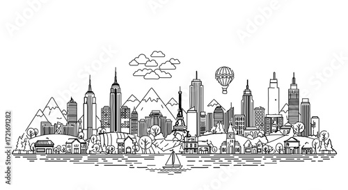 City skyline, a handdrawn illustration of a cityscape with landmarks