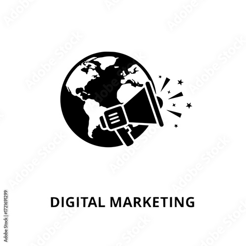 Global digital marketing megaphone icon representing worldwide online advertising and communication