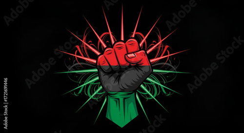 A dynamic graphic illustration of a raised fist with black red and green colors and an abstract background design symbolizing protest solidarity and empowerment.