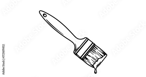 Paint brush with dripping paint, hand drawn line art style, tool for painting