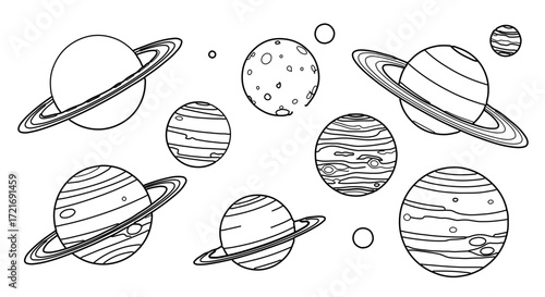 Collection of planets with rings and moons, a celestial and astronomical arrangement