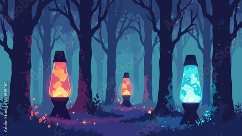 Lava lamp forest — rows of lava lamps like glowing trees on velvet, amber & teal
