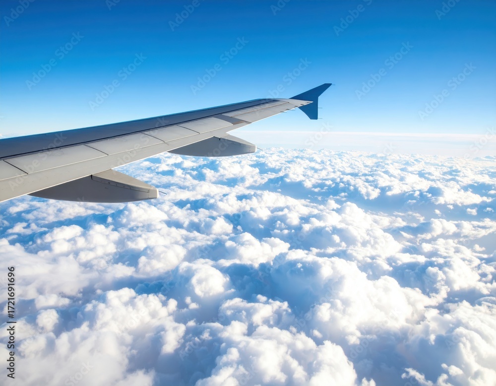 Obraz premium Wing of an airplane over a white cloudscape with a blue sky