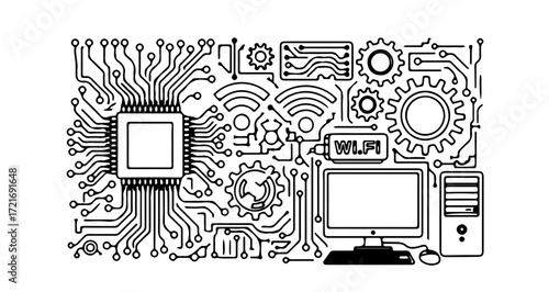 Circuit board with computer components, perfect for technology or engineering designs