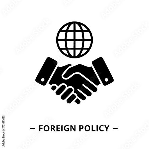 Global handshake icon represents international diplomacy and foreign policy agreements