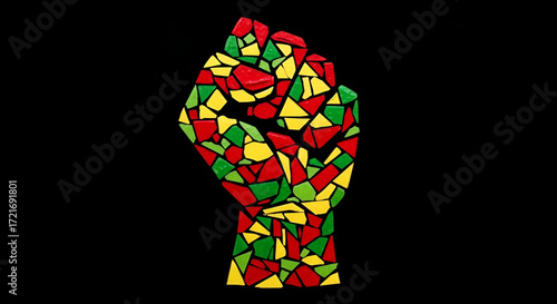 A dynamic mosaic of a raised fist made of colored geometric pieces symbolizing unity and solidarity for Black History Month and African American heritage.