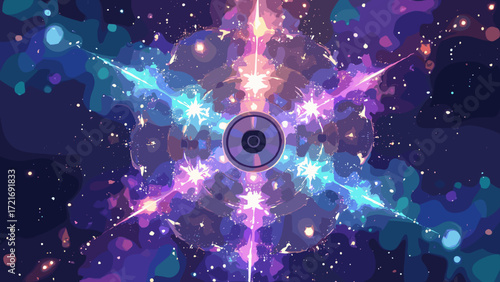 CD prism mandala — exploded compact disc shards forming mandala with chrome sheen, rainbow highlights