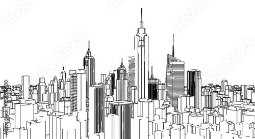 Detailed line art illustration of a city skyline with skyscrapers urban scene