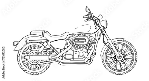 Detailed line art illustration of a classic motorcycle, showcasing its design