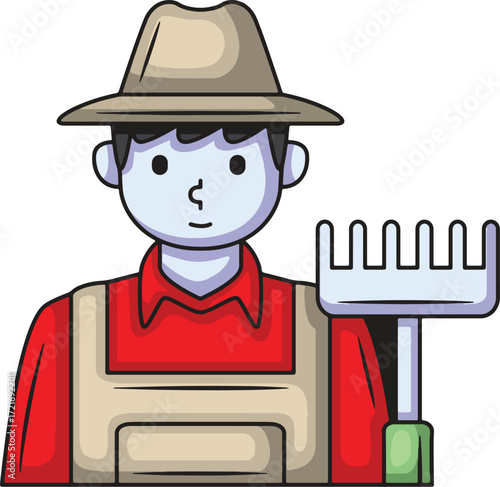 A cartoon farmer with a rake and a hat