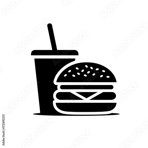 Classic black and white vector icon of a hamburger with sesame bun and a soda cup with straw in minimalist style isolated on white background
