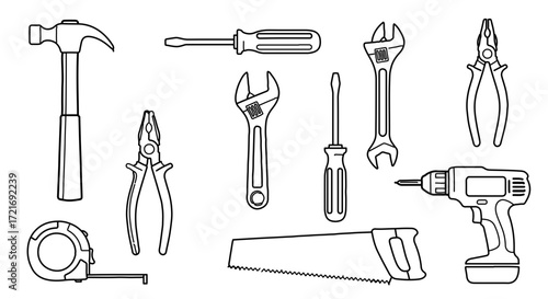 Set of handdrawn construction tools essential equipment for building and repair projects