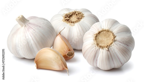 Three garlic bulbs and cloves on white background