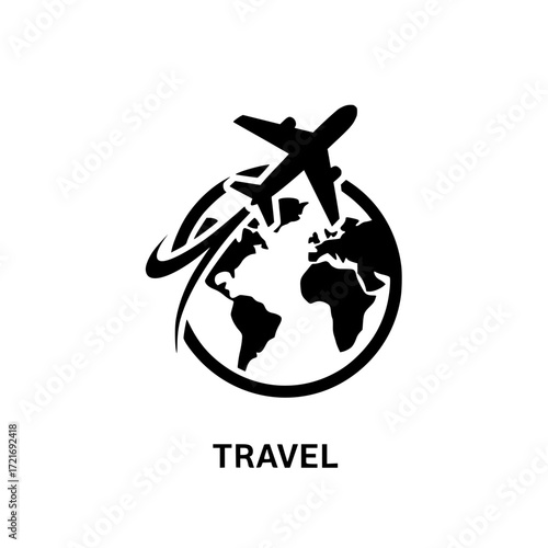 Airplane flying around globe iconic travel symbol with world map and text travel