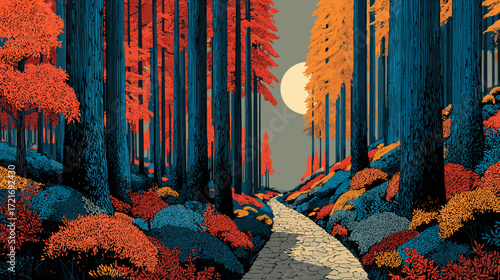Flat style vector illustration of a path trough a forest