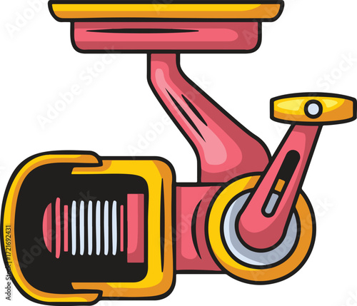 A cartoon fishing reel with pink and yellow accents