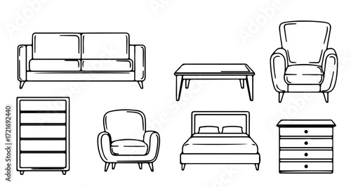 Furniture set illustration features a sofa, chair, table, bed, and dresser in a line art style