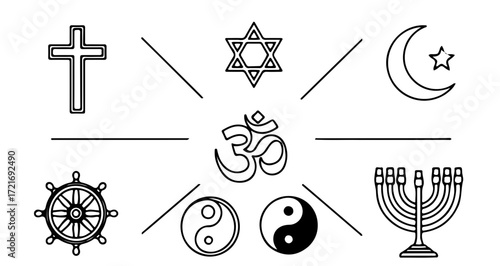 Illustration showing symbols of various religions, including christianity, judaism, islam, hinduism, buddhism, and taoism