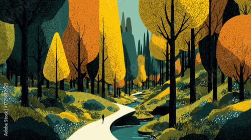 Flat style vector illustration of a path trough a forest