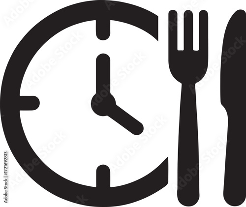 Silhouette clock with lunch time icon representing schedule, meal, break, and timing.