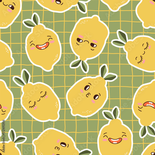 Cute kawaii lemons fruits character seamless pattern. Cozy childish background texture tor textile