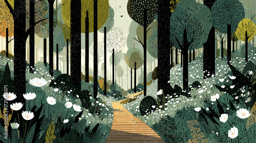 Flat style vector illustration of a path trough a forest