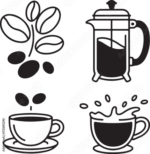 Coffee icons including beans french press cup and splashing drink coffee beans coffee plant