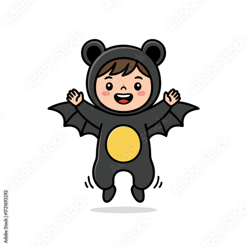 A cheerful child dressed in a cute bat costume, jumping with joy and excitement