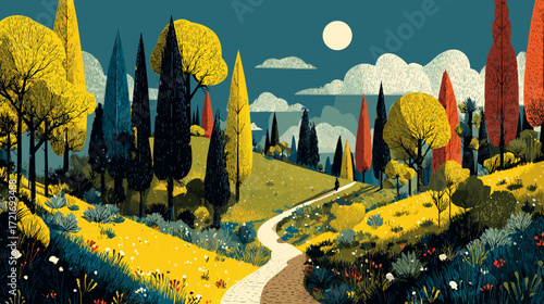Flat style vector illustration of a path trough a forest