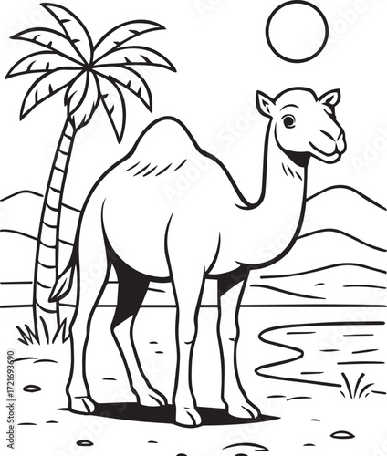 Desert Camel Vector with Palm Tree, Sun, and Mountains in Line Art Style for Nature, Travel, and Cultural Illustration Themes
