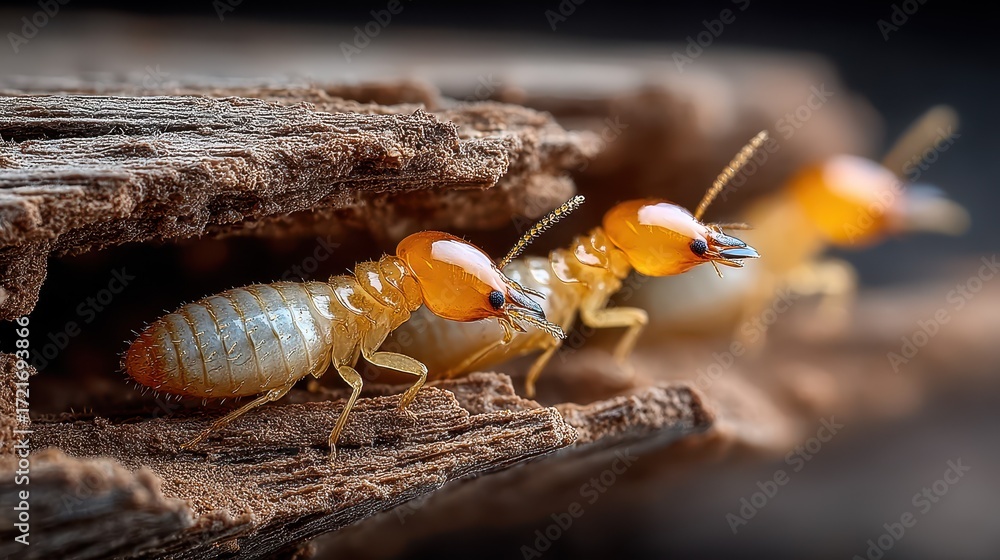 Obraz premium Close-up view of termites working on wooden material in a natural setting at dusk