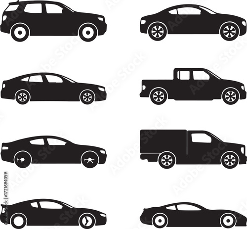 Collection of black car silhouettes including S U V sedan pickup truck and sports car vector
